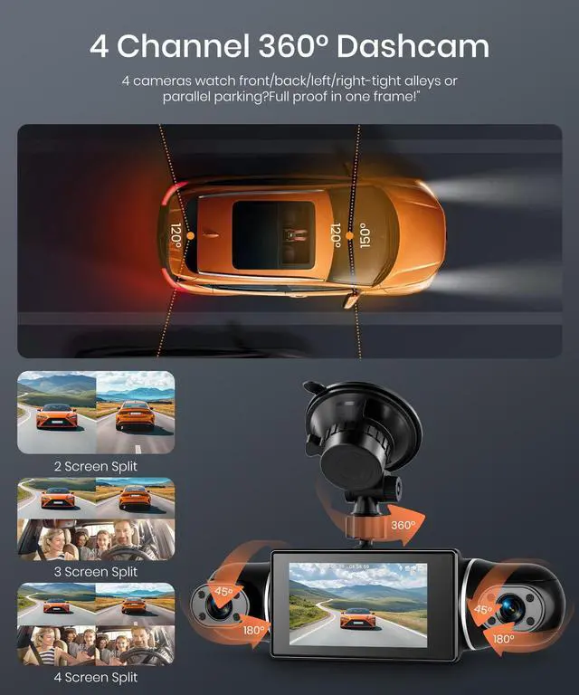 Alt view image 2 of 6 - 2K Dash Cam 360° View 4 Channel Front and Rear Dash Camera for Cars, 3x1080P, Left Right Dash Camera for Cars, 8 IR Lamps Night Vision, WiFi & APP Control, G-Sensor, 24H Parking Mode