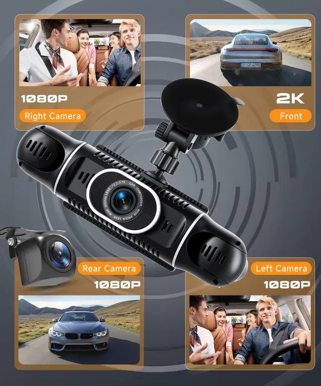 Alt view image 3 of 6 - 2K Dash Cam 360° View 4 Channel Front and Rear Dash Camera for Cars, 3x1080P, Left Right Dash Camera for Cars, 8 IR Lamps Night Vision, WiFi & APP Control, G-Sensor, 24H Parking Mode
