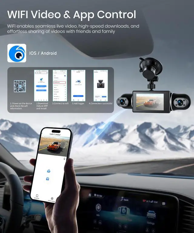 Alt view image 5 of 6 - 2K Dash Cam 360° View 4 Channel Front and Rear Dash Camera for Cars, 3x1080P, Left Right Dash Camera for Cars, 8 IR Lamps Night Vision, WiFi & APP Control, G-Sensor, 24H Parking Mode