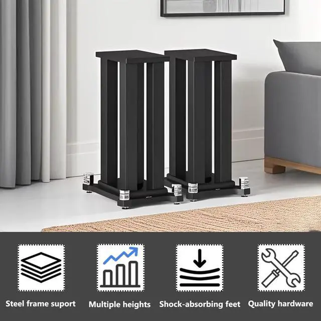 Alt view image 2 of 6 - A Pair of Speaker Stands, Bookshelf Speaker Stand Steel Frame Support for Speakers up to 40 kg, Vibration-Absorbing MDF Design, Studio Monitor Stands Improves Sound Quality (20cm/7.8in)