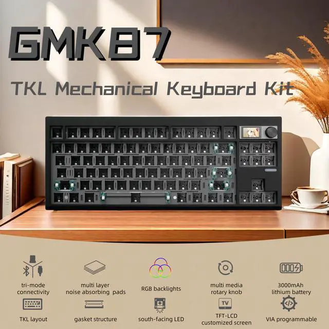 Alt view image 2 of 6 - GMK87 TKL Mechanical Keyboard Kit Tri-Mode for 3/5pin Switches,85 Keys+Rotary Knob+TFT-LCD Screen Hotswap PCB Gasket Mounted,VIA Programmable DIY Keyboard Kit (Black)