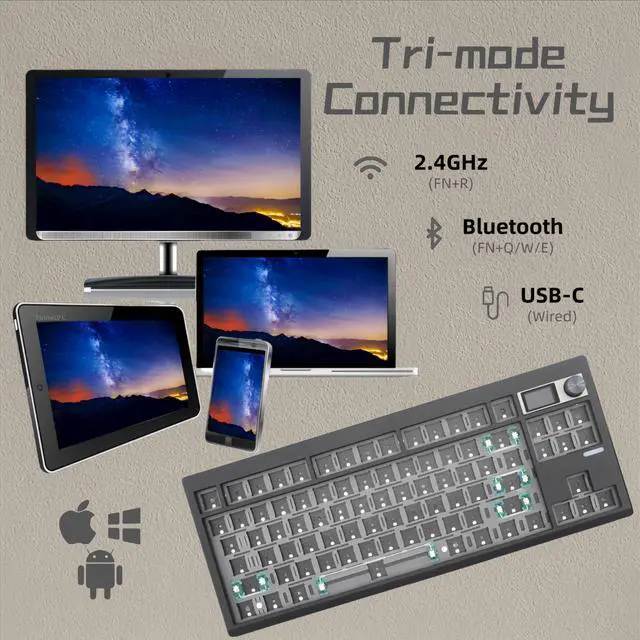 Alt view image 3 of 6 - GMK87 TKL Mechanical Keyboard Kit Tri-Mode for 3/5pin Switches,85 Keys+Rotary Knob+TFT-LCD Screen Hotswap PCB Gasket Mounted,VIA Programmable DIY Keyboard Kit (Black)