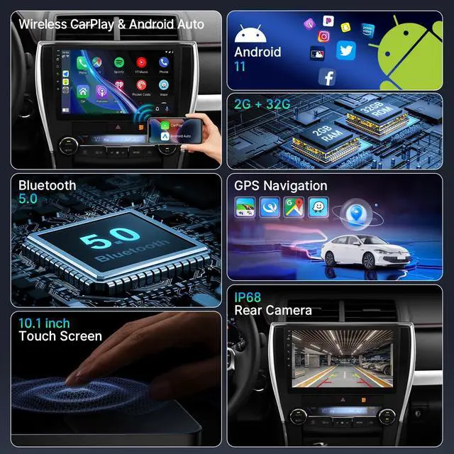 Alt view image 3 of 6 - CarPlay for Toyota Camry 2015 2016 2017 with Carplay Android Auto, 10.1'' Touchscreen for Honda Civic GPS Navigation/Bluetooth/WiFi/Rear Camera/FM/Mirrorlink/Split Screen/SWC 2+32G