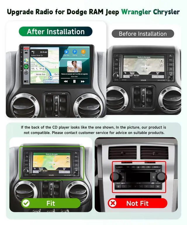 Alt view image 2 of 6 - Android Car Radio for Jeep Wrangler Stereo 2007-2018 Dodge Ram 1500 2500 3500 Grand Cherokee with DSP Wireless Carplay Android Auto,10" HD IPS Touchscreen Radio GPS WiFi Bluetooth FM SWC 2G+64G