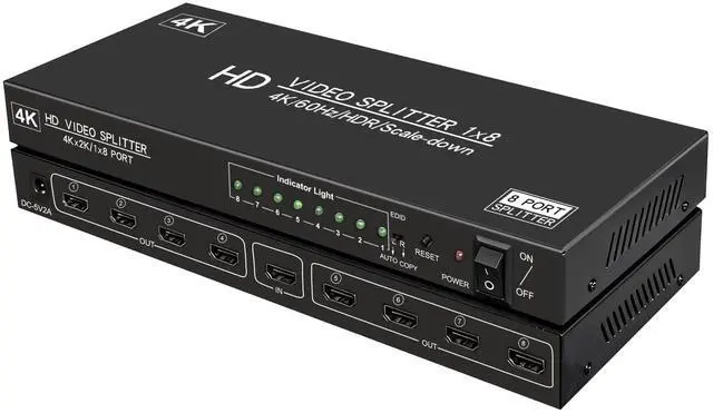 Main image of 4K@60Hz 1x8 HDMI Splitter 1 in 8 Out,4:4:4,18 Gbps,8 Port Powered HDMI 2.0 Splitter Support Auto Down Scaler, 4K 1080P Sync, HDR10,3D, Only Duplication/Mirror Screens (Not Extend) for PS5/Xbox/HDTV