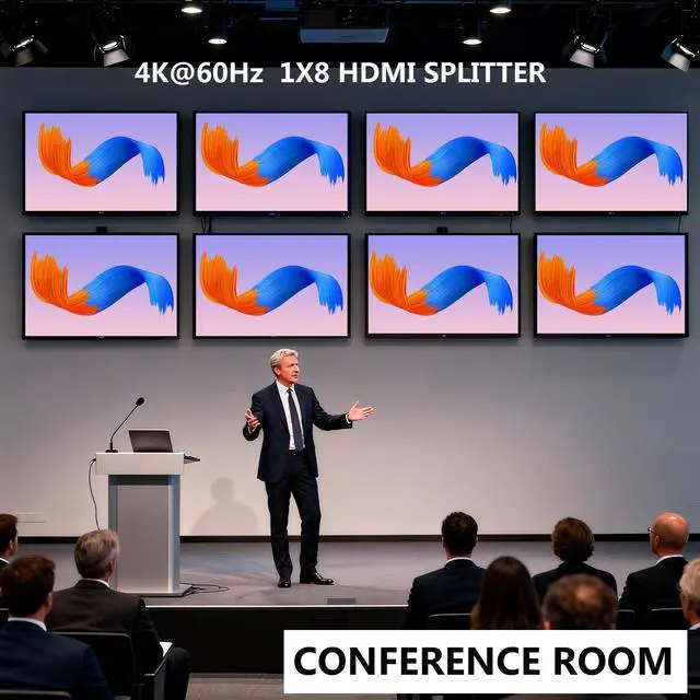 Alt view image 6 of 6 - 4K@60Hz 1x8 HDMI Splitter 1 in 8 Out,4:4:4,18 Gbps,8 Port Powered HDMI 2.0 Splitter Support Auto Down Scaler, 4K 1080P Sync, HDR10,3D, Only Duplication/Mirror Screens (Not Extend) for PS5/Xbox/HDTV
