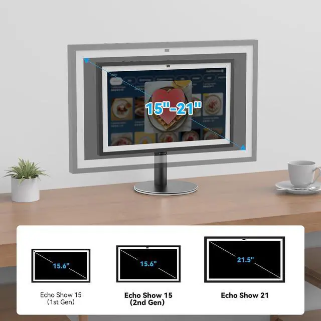 Alt view image 2 of 6 - Riser Stand for Echo Show 21, Show 15 (All Generations), Adjustable Height with Swivel and Tilt, Aluminum Holder Stand for Show 21, Sturdy Non-Slip Base, Easy Screw Assembly (Riser-Black)