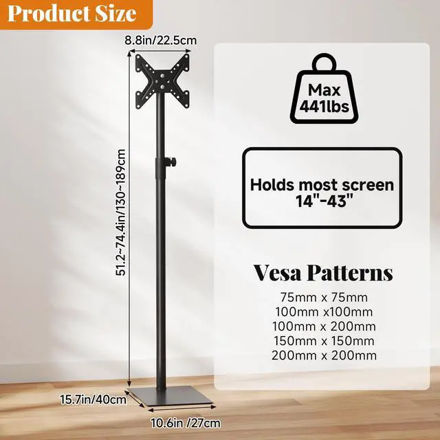Alt view image 2 of 6 - TV Stand with Mount 360°Swivel Tiltable Floor Monitors Stand Universal 70 Height Adjustable Tall TV Floor Stand for 12 to 43 inches Flat Screen or Curved TVs Monitors Display Trolley Stand