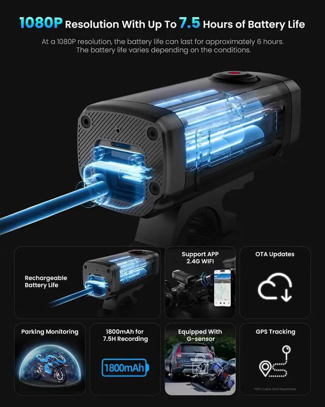 Alt view image 3 of 6 - AKY-710Lite Motorcycle Camera/Bike Camera 2K30FPS WiFi Action Camera with Ultra HD,IP66 Waterproof with Loop & Emergency Recording, Parking Monitor,Rechargeable,7.5 Hours Extended Battery