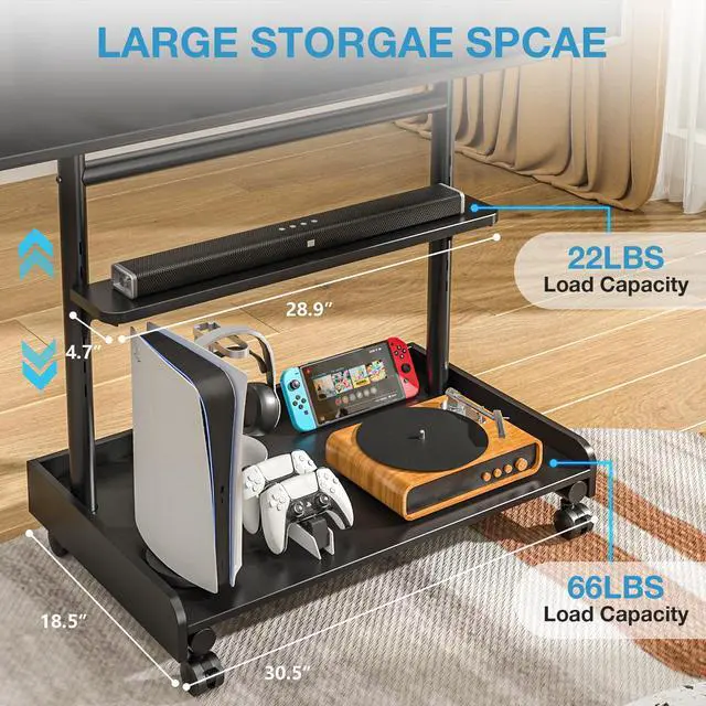 Alt view image 4 of 6 - 40-86 Inch L Shape Universal TV Stand - 1.57in Round Tube, 68kg Capacity, 6-Position Height Adjustable, Tilt, Wire Management Mobile