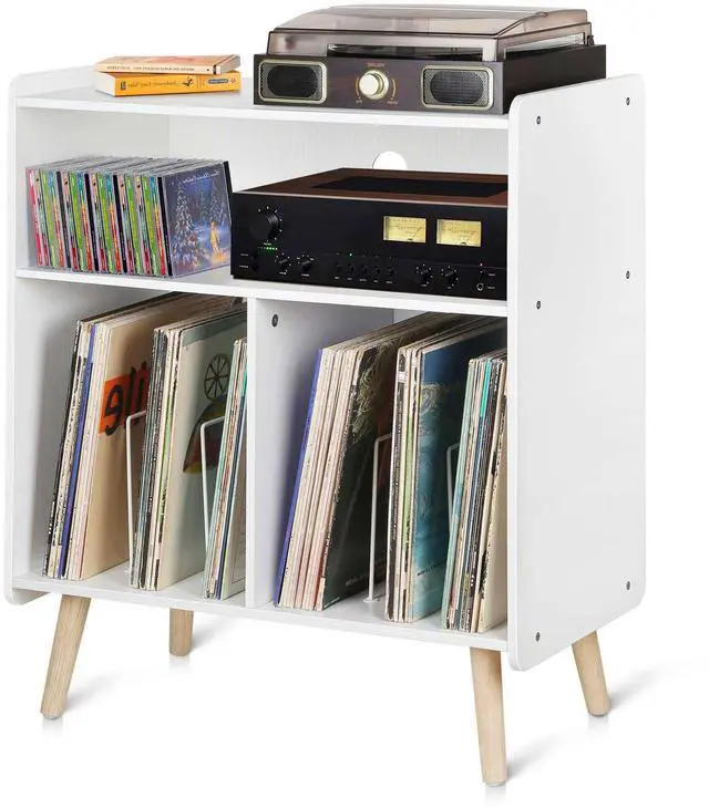 Main image of Mid-Century Wood Record Player Stand, Large Vintage Turntable Stand for Living Room, Office, 3-Tier Vinyl Record Storage Cabinet Table Holds up to 100 Albums, White