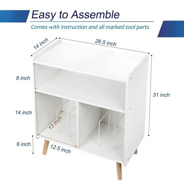 Alt view image 2 of 6 - Mid-Century Wood Record Player Stand, Large Vintage Turntable Stand for Living Room, Office, 3-Tier Vinyl Record Storage Cabinet Table Holds up to 100 Albums, White