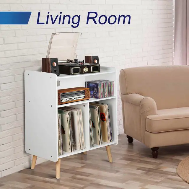 Alt view image 3 of 6 - Mid-Century Wood Record Player Stand, Large Vintage Turntable Stand for Living Room, Office, 3-Tier Vinyl Record Storage Cabinet Table Holds up to 100 Albums, White