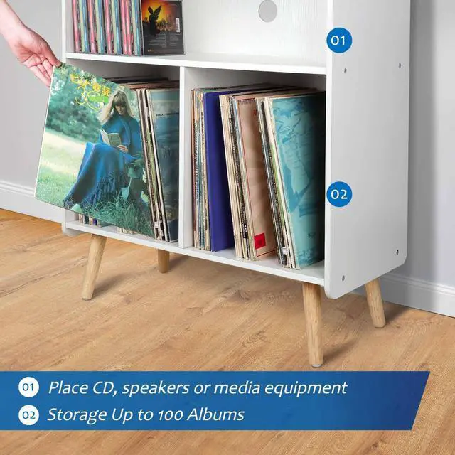 Alt view image 4 of 6 - Mid-Century Wood Record Player Stand, Large Vintage Turntable Stand for Living Room, Office, 3-Tier Vinyl Record Storage Cabinet Table Holds up to 100 Albums, White