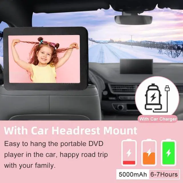 Alt view image 3 of 6 - 16.5" Portable DVD Player with 14.1" Large HD Screen, 6Hrs 5000mAh Rechargeable Battery, Car Headrest Mount & Car Charger, Portable DVD Player for Kids Support USB/SD Card/Sync TV