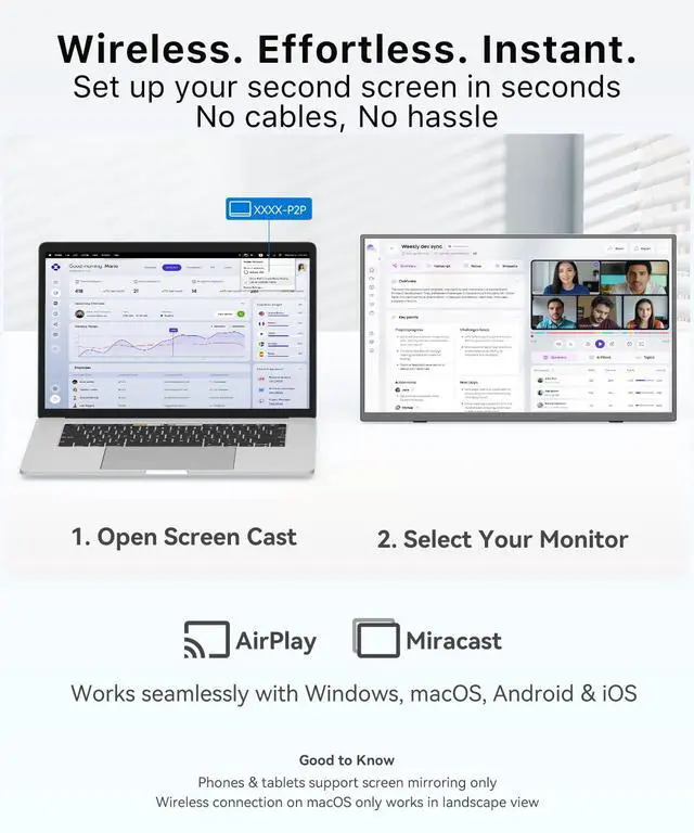 Alt view image 3 of 6 - Wireless Portable Monitor for Laptop, 15.6" Portable Monitor with Battery-1080P FHD Second Screen for Home & Office, AirPlay & Miracast Casting, No Cables or Drivers Needed