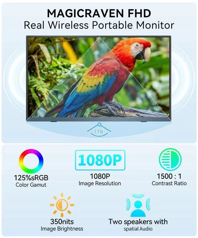 Alt view image 4 of 6 - Wireless Portable Monitor for Laptop, 15.6" Portable Monitor with Battery-1080P FHD Second Screen for Home & Office, AirPlay & Miracast Casting, No Cables or Drivers Needed