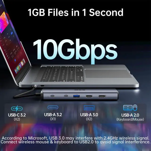Alt view image 5 of 6 - 8K USB C Dock for Thunderbolt Laptop, MacBook Docking Station 3 Monitors,10Gbps USB C Hub Dual HDMI, Displayport, Ethernet,100W PD, Mic/Audio, USB C&A 3.2 Gen 2 Port for iPhone 15/Mac/Lenovo