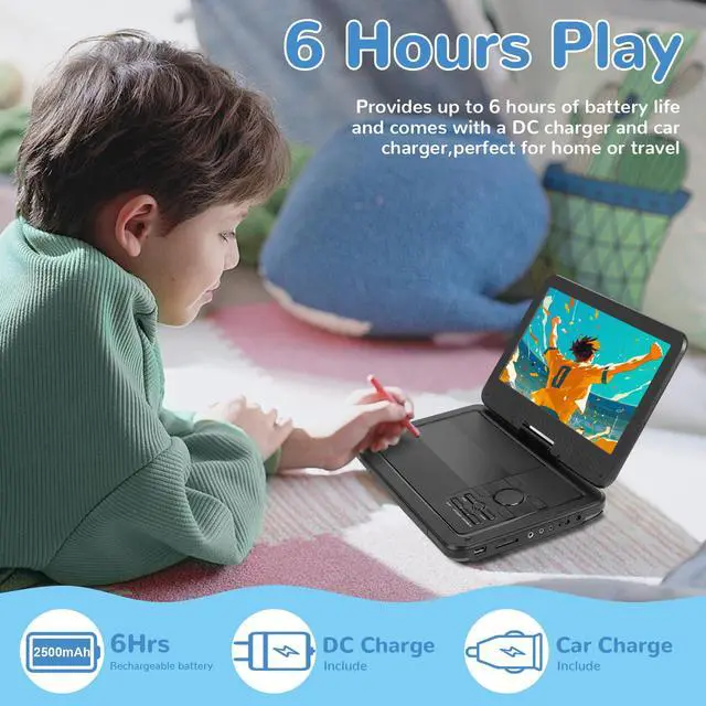 Alt view image 3 of 6 - 12.5" Portable DVD Player with 10.1 HD Swivel Screen, 5-6Hrs Play, DVD Player Portable with Dual Speaker, Support SYNC TV/USB/SD Card/AV, Play All Discs Format Except Blu-ray, Black