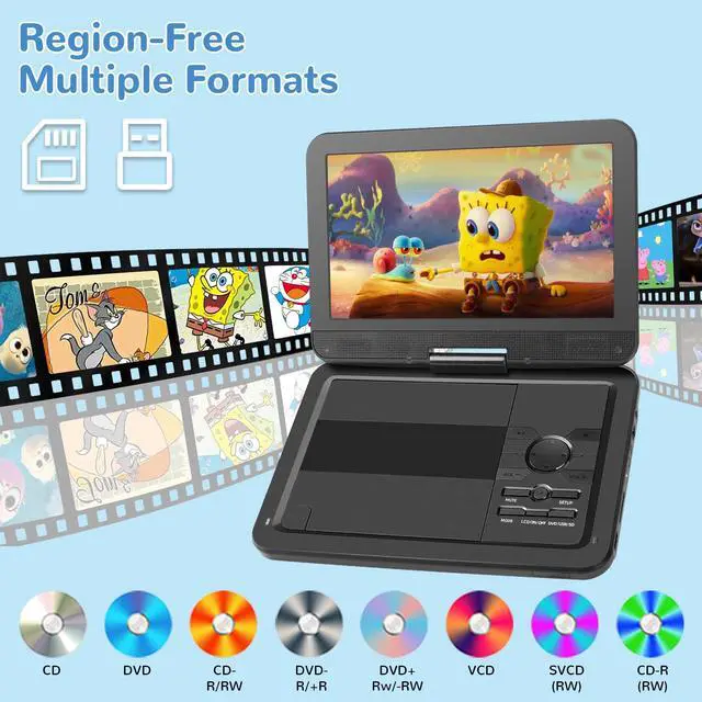 Alt view image 4 of 6 - 12.5" Portable DVD Player with 10.1 HD Swivel Screen, 5-6Hrs Play, DVD Player Portable with Dual Speaker, Support SYNC TV/USB/SD Card/AV, Play All Discs Format Except Blu-ray, Black