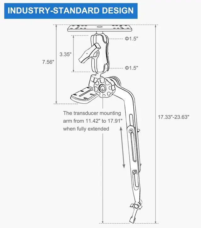 Alt view image 5 of 6 - 1.5" Ball Kayak Fish Finder Mount with Transducer Mounting Arm, Marine Electronic Mount Plate with Low Profile Track, Compatible with RAM Mounts, Scotty, Lowrance, Garmin
