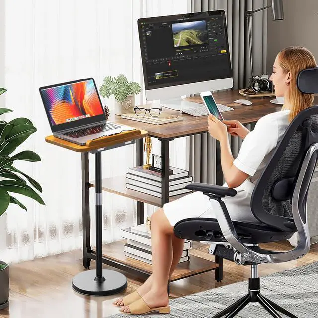 Alt view image 2 of 6 - 2 in 1 Dual-use Laptop Floor Stand & Laptop Stand for Desk, Solid Wood Portable Small Standing Desk with Adjustable Height from 16.5" to 51", Tall Portable Table for Office, Home, Study, Entertainment