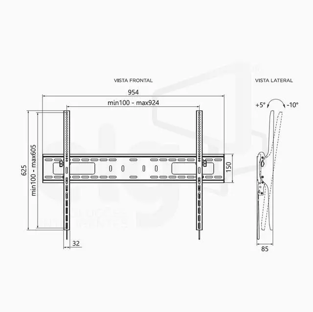 Alt view image 4 of 5 - Tilting TV Wall Mount for 43-120" Screens, 165 lbs, Tilts -10°/+5°, VESA 100x100 to 900x600mm, Wide Wall Plate, Pre-Assembled, Steel, Black