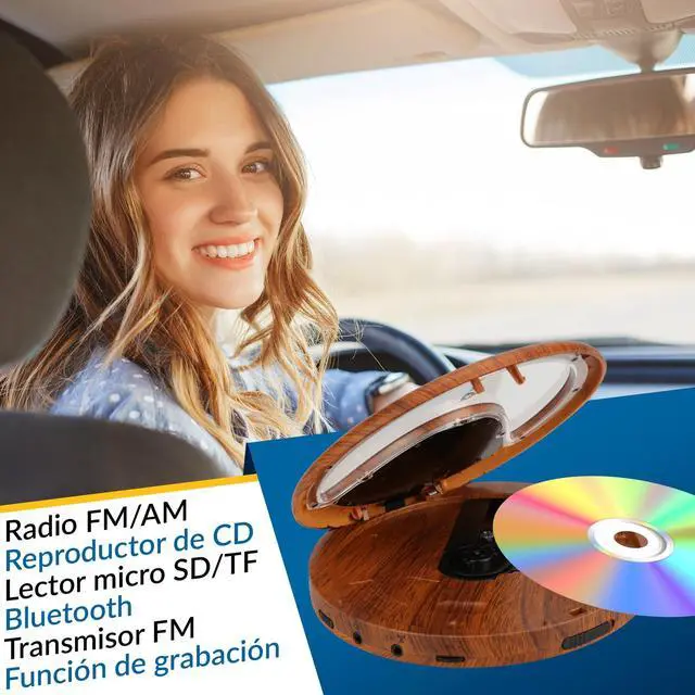 Alt view image 2 of 6 - Discover Wood + Portable CD Player Walkman with Long-Lasting Battery + New + with Headphones + Radio FM + MP3 CD Player Portable + SD Card, FM Transmitter, Bluetooth + Ideal for Cars