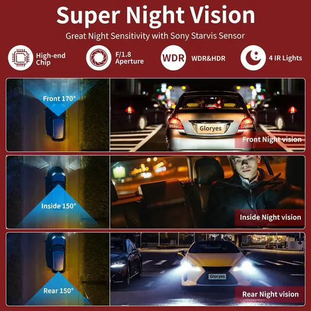 Alt view image 5 of 6 - 3 Channel Dash Cam Front and Rear Inside,Dash Cam pro 2025,Interior Car Camera,2.5K Single Front,Dash Camera for Cars with IR Night Vision,24Hr Parking Monitor 1S Recording,Free 64G Card