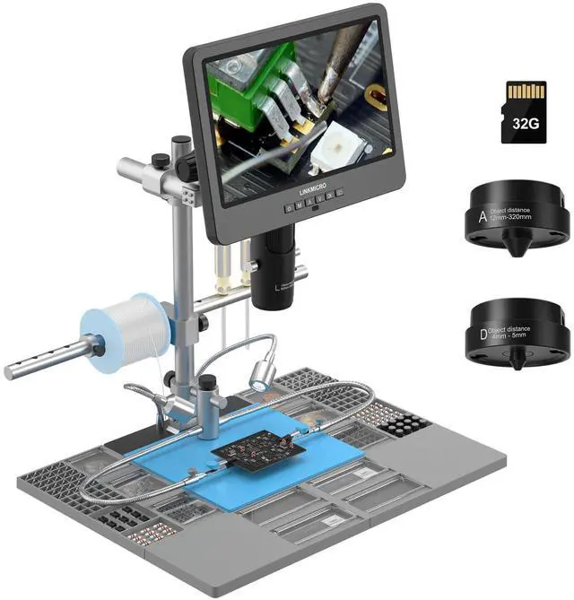 Main image of LM249MS Plus 3 Lens 10.1" HDMI Digital Microscope for Adults 2000X, Soldering Microscope Station for Electronics Repair, 13" Boom Arm Stand, Soldering Mat Helping Hands, 2160P UHD Video, 32GB