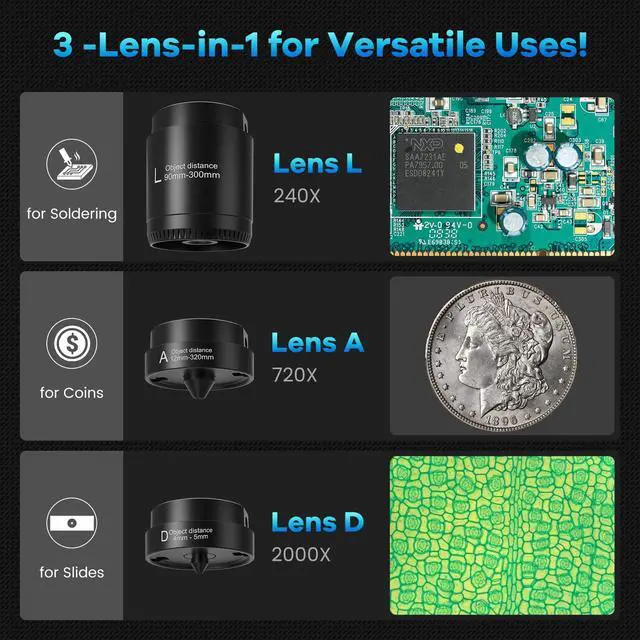 Alt view image 2 of 6 - LM249MS Plus 3 Lens 10.1" HDMI Digital Microscope for Adults 2000X, Soldering Microscope Station for Electronics Repair, 13" Boom Arm Stand, Soldering Mat Helping Hands, 2160P UHD Video, 32GB