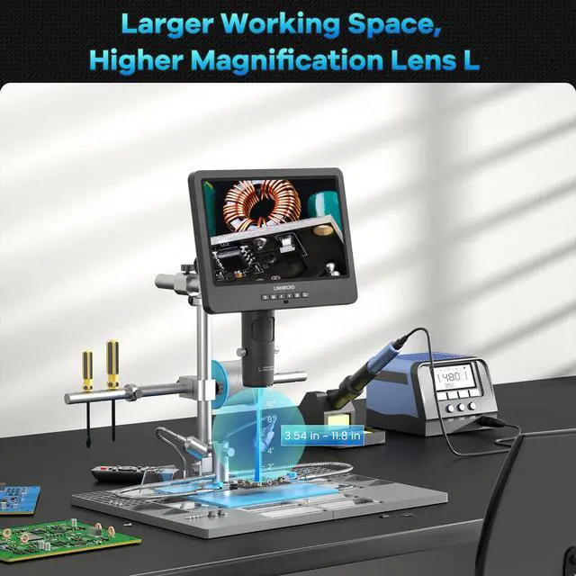 Alt view image 3 of 6 - LM249MS Plus 3 Lens 10.1" HDMI Digital Microscope for Adults 2000X, Soldering Microscope Station for Electronics Repair, 13" Boom Arm Stand, Soldering Mat Helping Hands, 2160P UHD Video, 32GB