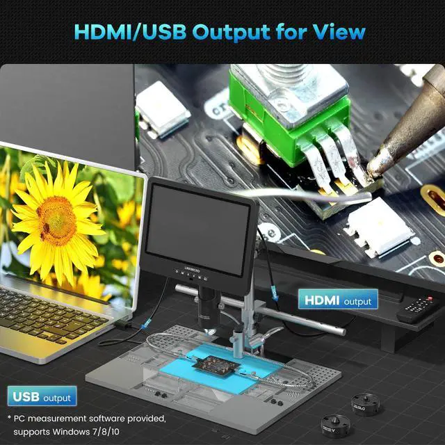 Alt view image 4 of 6 - LM249MS Plus 3 Lens 10.1" HDMI Digital Microscope for Adults 2000X, Soldering Microscope Station for Electronics Repair, 13" Boom Arm Stand, Soldering Mat Helping Hands, 2160P UHD Video, 32GB