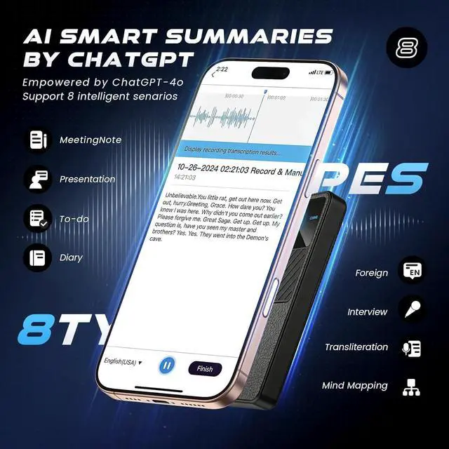 Alt view image 3 of 6 - Bantropolis AI Voice Recorder 64GB with Transcription & Summarization, 107 Languages, 3000mAh Magnetic Rechargeable Battery, for Meetings, Lectures & Interviews Leather Edition