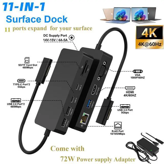 Alt view image 2 of 6 - Surface Pro Docking Station Dual Monitor 4K@60Hz HDMI+VGA, 11 in 1 Surface Dock 2 USB C Travel Surface Docking for MS Surface Pro 12/11/10/9/X/8/7/6/5/4/3,Surface Laptop 7-1, Surface Go/Book