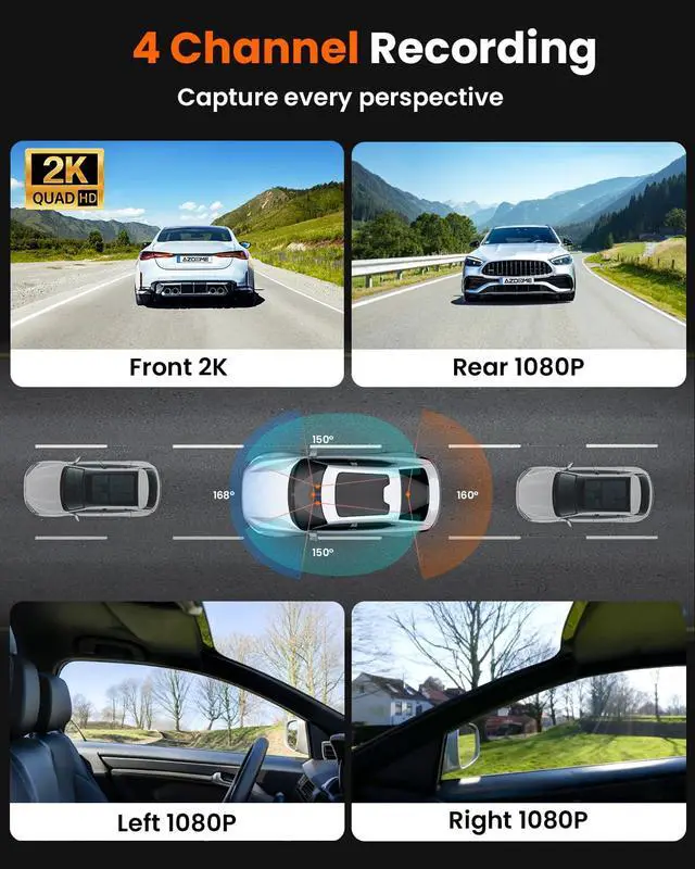 Alt view image 4 of 6 - Dash Cam Front and Rear 360 Dashcam 4 Channel Car Camera Dash Camera for Cars, QHD 2K+1080P*3 Camara with 128GB Card, 5G WiFi &APP Control, Night Vision/G-Sensor, 168°Wide Angle, Parking Mode