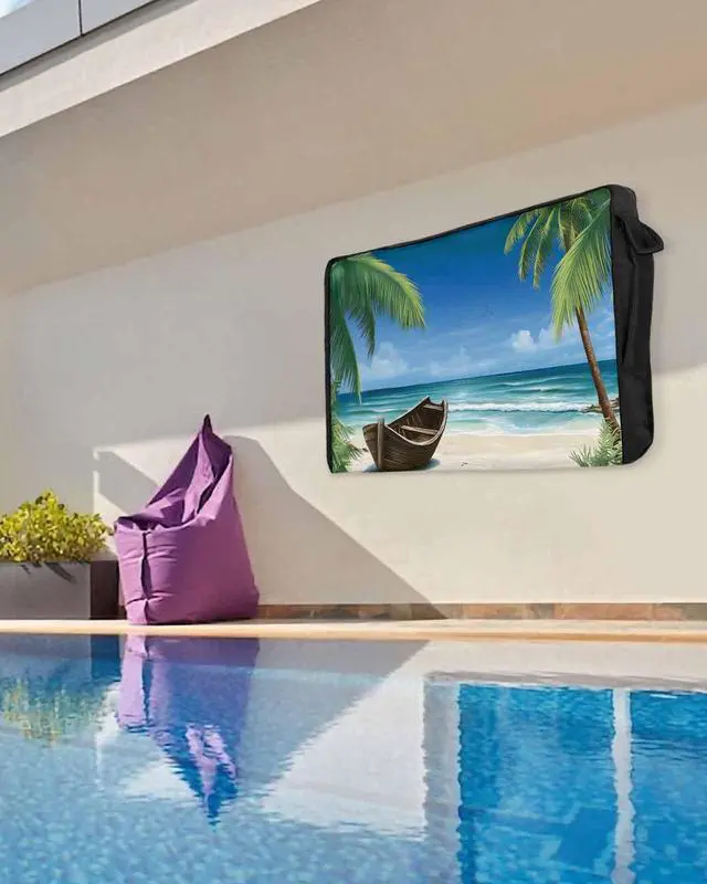 Alt view image 5 of 6 - Outdoor TV Cover - Summer Palm Tree Ocean Beach Boat Waterproof and Weatherproof 70"-75" LCD Movable Shield TV Display Screen Protector Outside Television Covers