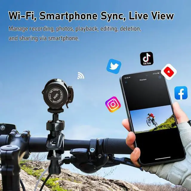 Alt view image 3 of 6 - WiFi Helmet Camera, HD 1080P Bike Motorcycle Helmet Camera, IP66 Waterproof Action Camera for Cars, Bicycle, Motorbike & Sports Helmet (with 64G Card)