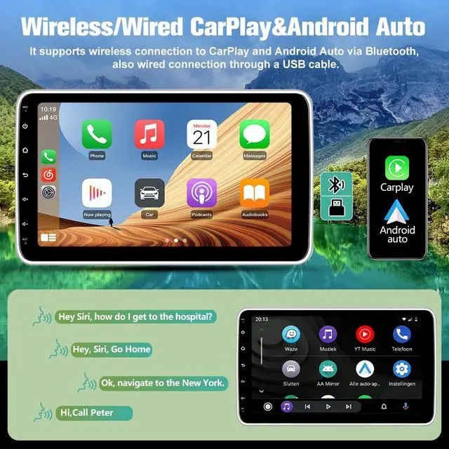 Alt view image 3 of 6 - Android 13 4-Core 2GB+64GB Single Din Car Stereo, 10.1 Inch Floating Touchscreen Car Radio with Wireless CarPlay & Android Auto/Mirror Link/Wi-Fi/FM/USB, Support SWC/Backup Camera (Included)