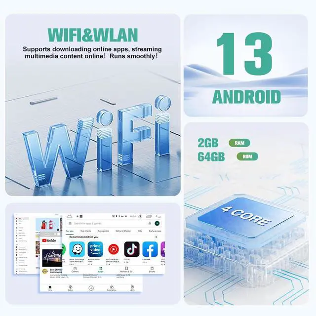 Alt view image 4 of 6 - Android 13 4-Core 2GB+64GB Single Din Car Stereo, 10.1 Inch Floating Touchscreen Car Radio with Wireless CarPlay & Android Auto/Mirror Link/Wi-Fi/FM/USB, Support SWC/Backup Camera (Included)