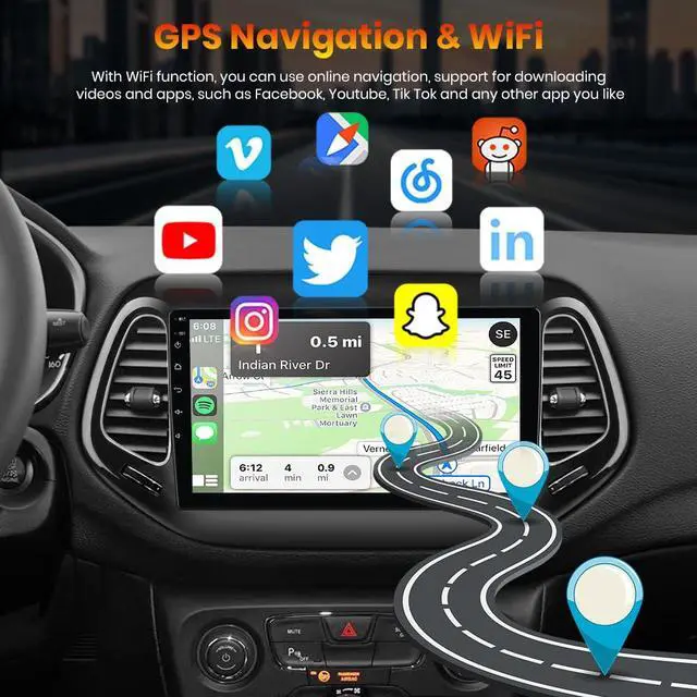 Alt view image 4 of 6 - Android 13 Car Stereo for Jeep Compass 2017 2018 2019 2020, 10" Touchscreen Radio for Jeep Compass with Wireless CarPlay&Android Auto, GPS Navigation WiFi AM FM - 2GB+64GB