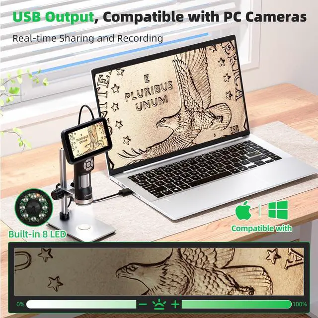 Alt view image 5 of 6 - 4K HDMI Digital Microscope for Coins, 3840P UHD Video, 4K Soldering Microscope Camera 1200X with 5" Screen, Handheld Coin Magnifier for Adults, 8 LED Lights, 7.3" Metal Stand, PC View, 32G, LM115-4K