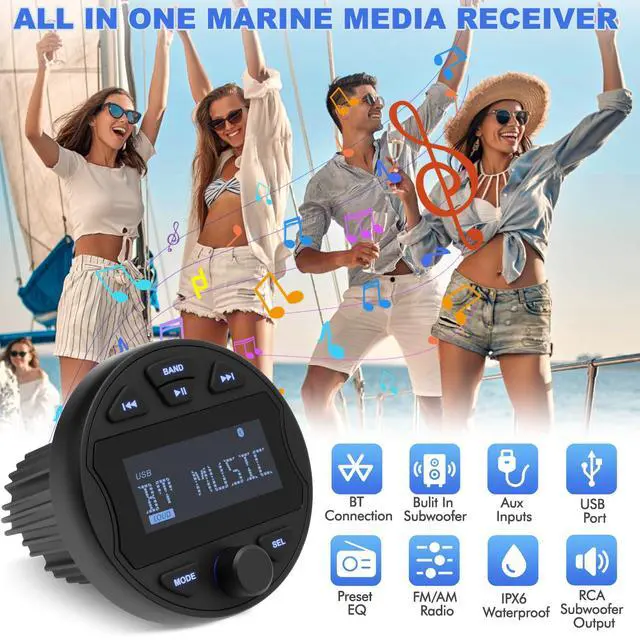 Alt view image 2 of 6 - Marine Boat Stereo Receiver, Waterproof Boat Stereo Radio System, Marine Digital MP3 Player, No CD Player, 3" LCD Display, AM/FM Radio, USB Port, BT, AUX Subwoofer for Boat ATV UTV Off-Road Vehicles