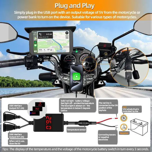 Alt view image 3 of 6 - Motorcycle Carplay Screen, Wireless Carplay and Android Auto, 5 Inch HD Motorbike Touchscreen, Dual USB Port Power Cable, Temperature and Battery Voltage Display, Support GPS Navigation(5 inch)
