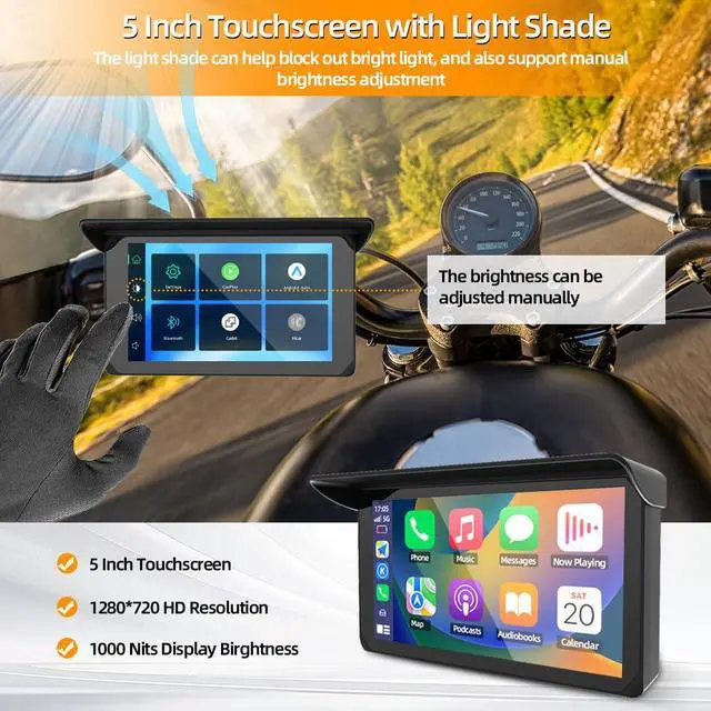 Alt view image 6 of 6 - Motorcycle Carplay Screen, Wireless Carplay and Android Auto, 5 Inch HD Motorbike Touchscreen, Dual USB Port Power Cable, Temperature and Battery Voltage Display, Support GPS Navigation(5 inch)