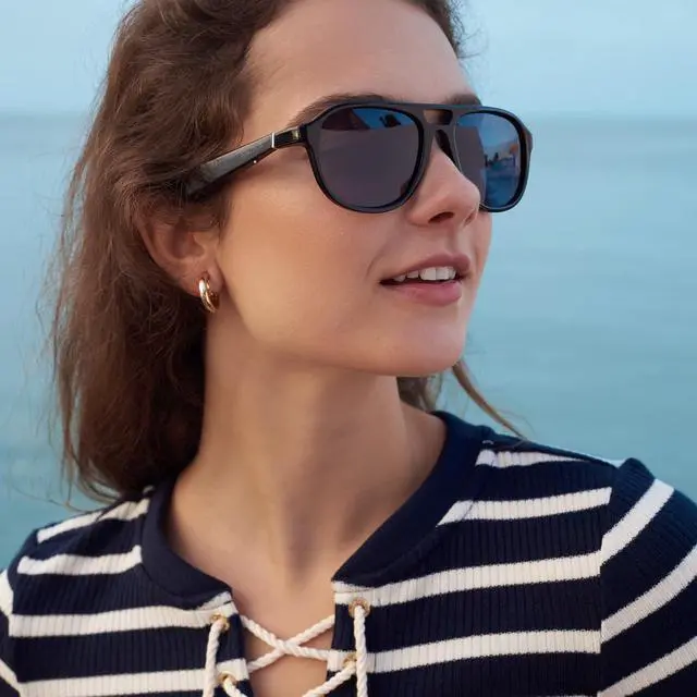 Alt view image 3 of 6 - Lucyd Commander Smart Sunglasses for Men & Women - Wireless Smart Glasses with Open Ear Speakers and Microphone, Polarized UV400 Lenses - Black, Navy Blue (Standard)