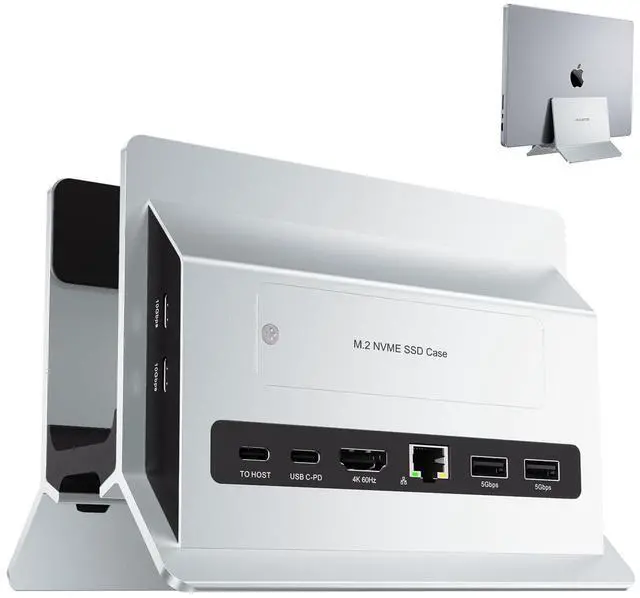 Main image of Vertical MacBook Docking Station, Docking Station for Mac mini with M.2 NVMe case for MacBook Pro/Air, 4K@60Hz HDMI, 2USB C 10Gbps, SD/TF, 100W PD, RJ45, 2 USB A for Windows Sliver
