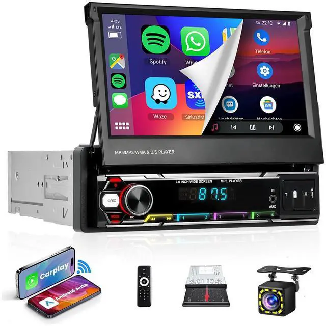 Main image of Wireless Carplay 7inch Single Din Touchscreen Radio,IPS Manual Flip Out Touchscreen,AM/FM/RDS 5.1Bluetooth Car Stereo,Fast Charging,Wireless Android Auto,Mirror Link,2 USB/TF/AUX Port+Backup Camera