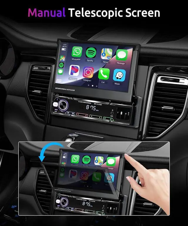 Alt view image 2 of 6 - Wireless Carplay 7inch Single Din Touchscreen Radio,IPS Manual Flip Out Touchscreen,AM/FM/RDS 5.1Bluetooth Car Stereo,Fast Charging,Wireless Android Auto,Mirror Link,2 USB/TF/AUX Port+Backup Camera
