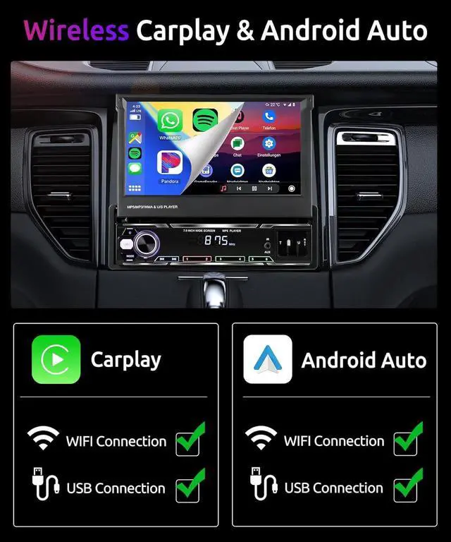Alt view image 3 of 6 - Wireless Carplay 7inch Single Din Touchscreen Radio,IPS Manual Flip Out Touchscreen,AM/FM/RDS 5.1Bluetooth Car Stereo,Fast Charging,Wireless Android Auto,Mirror Link,2 USB/TF/AUX Port+Backup Camera